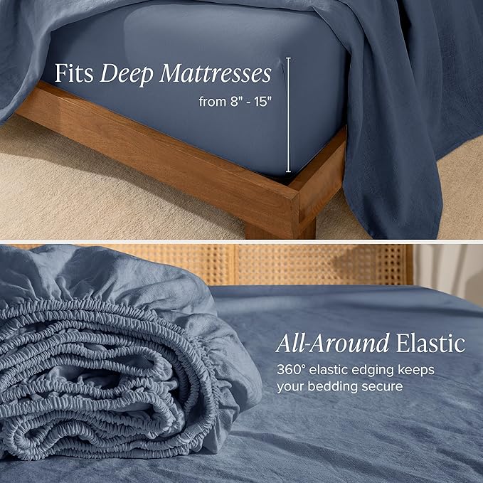 Bare Home King Sheet Set - Luxury 100% European Linen - Deep Pockets - Easy Fit - 4 Piece Set - Bedding Sheets & Pillowcases (King, Indigo)