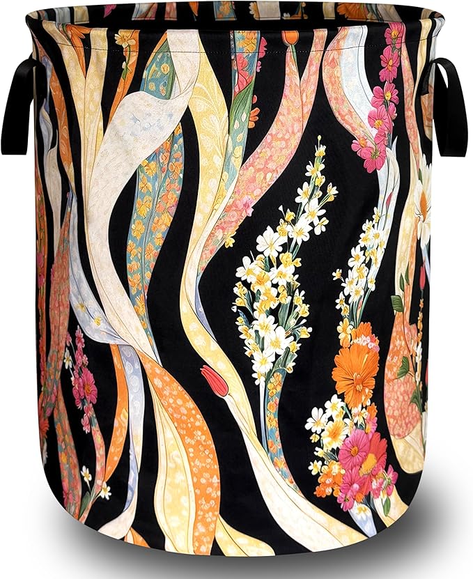 Abstract Flowers Laundry Hamper Oxford Cloth Folk Floral Art Laundry Basket With Handle Portable Clothes Storage Basket Foldable Colorful Laundry Bag 18.9"x16.5" For Laundry Room/Bedroom/Bathrooms