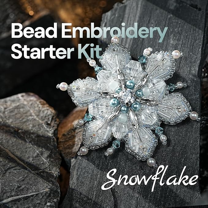Relime Bead Embroidery Starter Kit w Step-by-Step Video Tutorials, Snowflake Craft Kit Hand Embroidery Kit with Patterns, Handmade Jewelry DIY for Adults and Kids