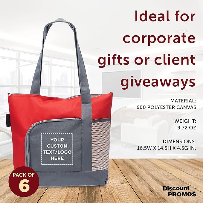DISCOUNT PROMOS Custom Go Getter Sport Tote Beach Bags Set of 6, Personalized Bulk Pack - Reusable, Great for Shopping, Beach, Picnic, Other Outdoor Adventure - Red