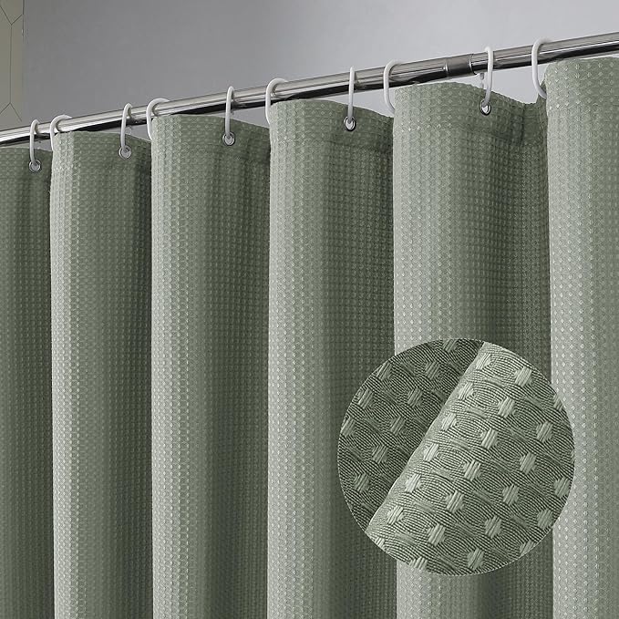 OVZME Stall Fabric Shower Curtain Set - 36x72, Waffle Weave 230GSM Heavy Duty Shower Curtains for Narrow Stall Size, Machine Washable Bath Curtain with 12 Plastic Hooks, Sage Green