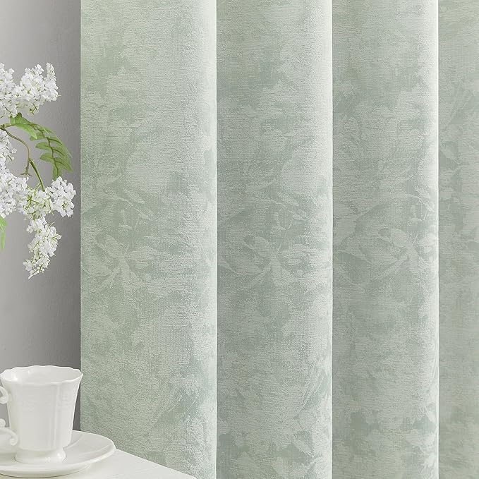 Beauoop Green Floral Jacquard Blackout Curtains 63 Inches Long 2 Panels for Bedroom Living Room Sage Flower Chenille Room Darkening Thermal Insulated Soundproof Grommet Window Treatments Drapes, 52x63