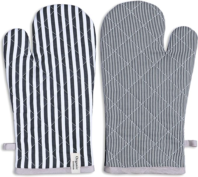 AMOUR INFINI Striped Pot Holders and Oven Mitts Heat Resistant Non Slip Reusable Set of 1 Oven Mitt and 1 Pot Holder Oven Gloves Pot Holder for Cooking (Charcoal)
