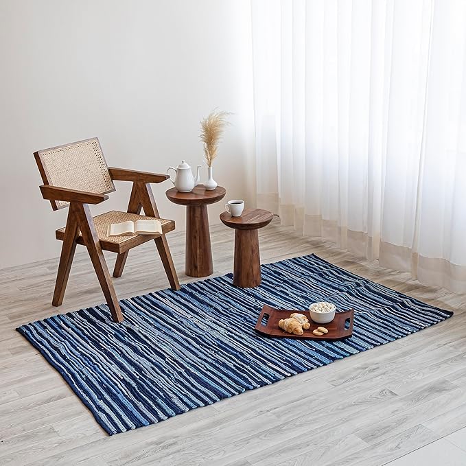 HOMEMONDE Navy Rag Rug 4'x6' Recycled Soft Cotton Chindi Rugs Hand Crafted Reversible Farmhouse Style Boho Home Decor for Bedroom, Living Room, Kitchen, Entyrway