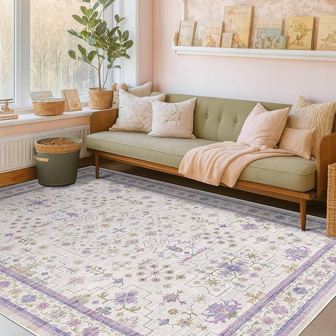 6x9 Lavender Rug for Bedroom, Kids Playroom, Non Slip Large Washable Living Room Area Rug, Low Pile Stain Resistant Foldable Boho Fairy Décor