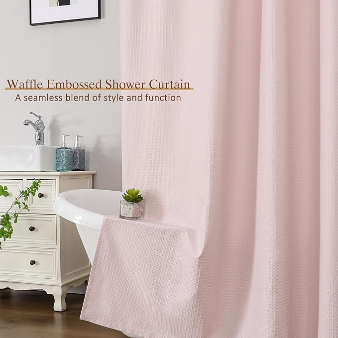 Ebesto Extra Long Pink Shower Curtain 96 Inch Long 1 Piece, Waffle Embossed Textured Fabric Shower Curtain for Bathroom Large Hotel, Water Resistant, Machine Washable, 72Wx96L Inches