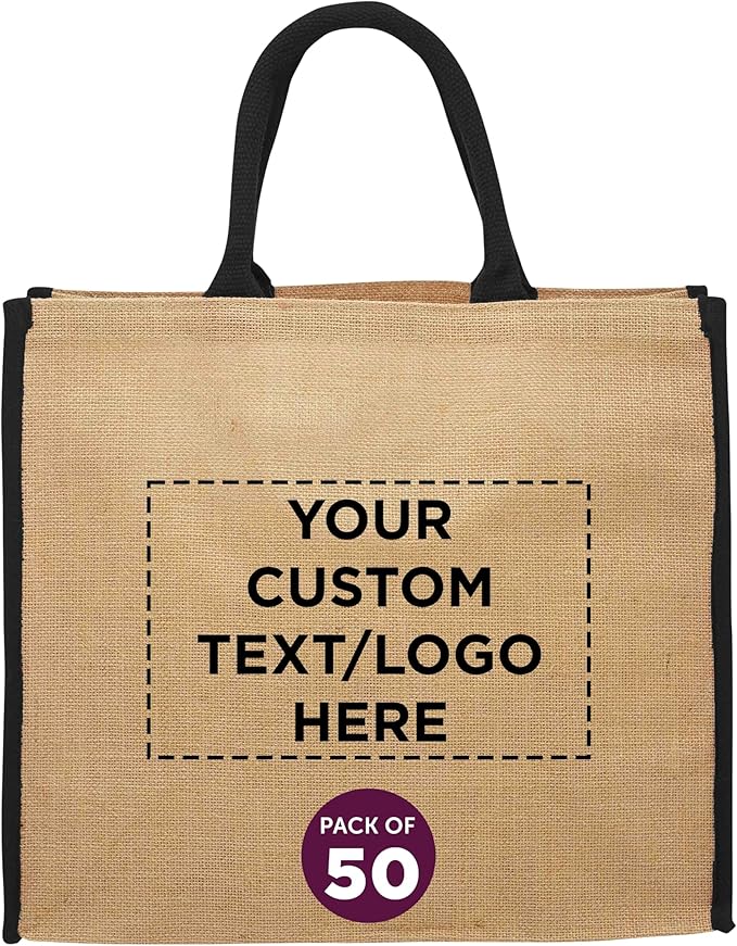 DISCOUNT PROMOS Custom Fresno Eco Friendly Jute Tote Bags Set of 50, Personalized Bulk Pack - Reusable, Great for Tradeshows, Grocery, Shopping and Outdoor Events - Black