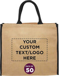 DISCOUNT PROMOS Custom Fresno Eco Friendly Jute Tote Bags Set of 50, Personalized Bulk Pack - Reusable, Great for Tradeshows, Grocery, Shopping and Outdoor Events - Black