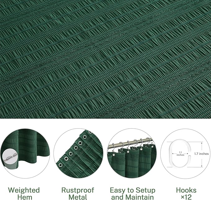 Siiluminisoy Dark Green Boho Shower Curtain, 72 x72 Cotton Blend Tufted Fabric Waffle Textured Farmhouse Shabby Chic Rustic Minimalist Striped for Bathroom, Hotel