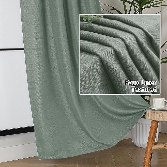Lecloud Bessie Sage Green Light Filtering Curtains 54 Inch Length 2 Panels Set, Faux Linen Airy Curtains for Bedroom Windows, Window Treatments with Dual Rod Pocket, Each 30 W x 54 L
