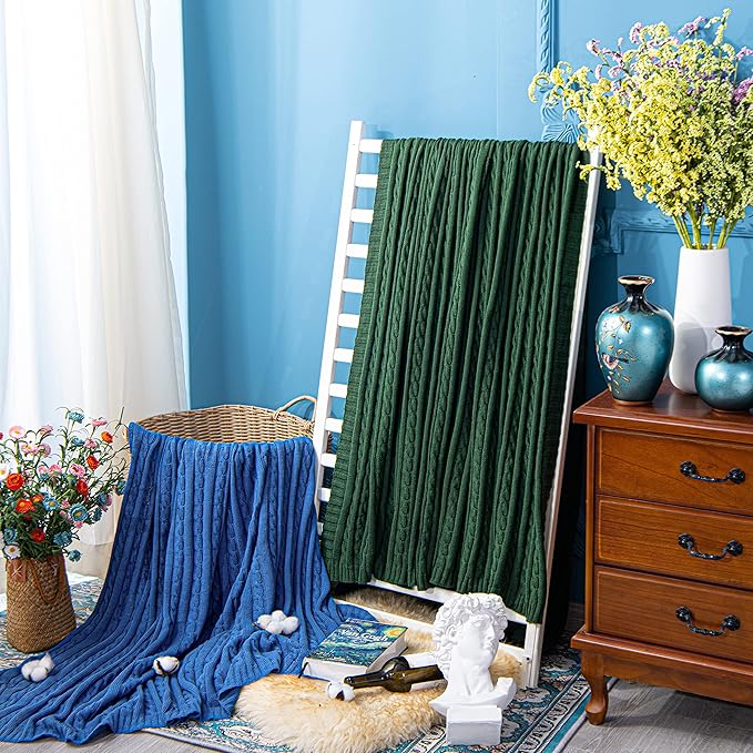 NTBAY 100% Pure Cotton Oversize (60x80) Cable Knit Throw Blanket, Super Soft Warm Knitted Throw Blanket for Bed, Sofa, Chair, Couch - Extra Cozy, Machine Washable, Comfortable Home Decor, Dark Green