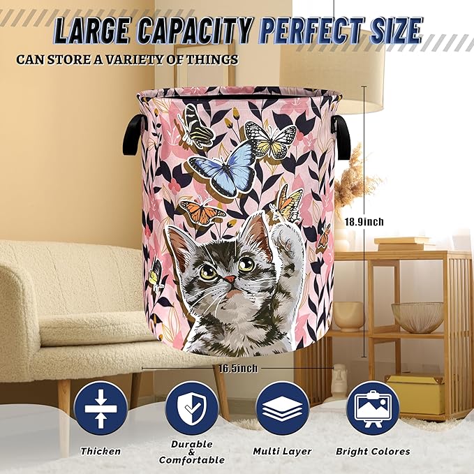 Pink Floral Cats Laundry Hamper Oxford Cloth Butterfly Animal Cat Laundry Basket With Handle Portable Clothes Storage Basket Foldable Funny Laundry Bag 18.9"x16.5" For Laundry Room/Bedroom/Bathrooms