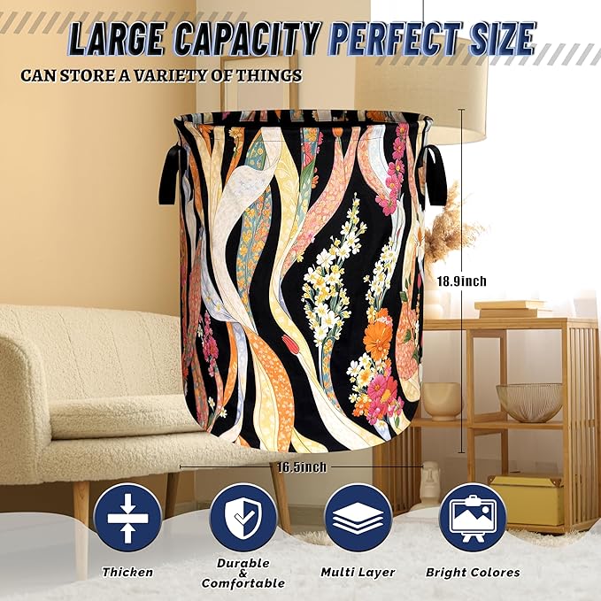 Abstract Flowers Laundry Hamper Oxford Cloth Folk Floral Art Laundry Basket With Handle Portable Clothes Storage Basket Foldable Colorful Laundry Bag 18.9"x16.5" For Laundry Room/Bedroom/Bathrooms