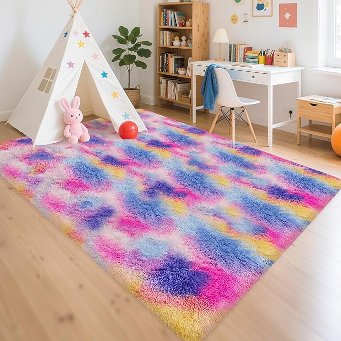 Rainbow Area Rugs 5x8 ft,Tie-Dyed Unicorn Fluffy Fuzzy Shaggy Carpet Soft Plush Furry Rug,for Bedroom Living Room Indoor Floor Rug Kids Girls Boys Home Decor Aesthetic, Dorm Nursery