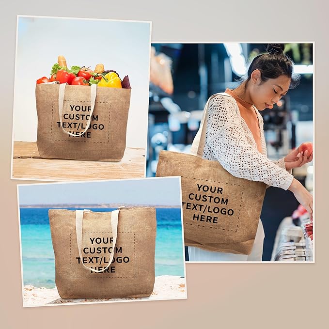 DISCOUNT PROMOS 50 Natural Jute Fiber Carry-On Tote Bags Set - Customizable Text, Logo - Convenient, Webbing Handle, Everyday Use - Natural