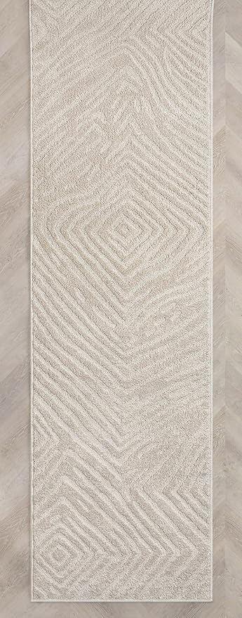 Well Woven Custom Size Hallway Stair Runner - Choose Your Length - 27 Inches Wide x 19 Feet Long Runner (27" x 19' Runner) Rug - Ivory Relajo Soft Touch, Modern Geometric - Hi-Lo Pile