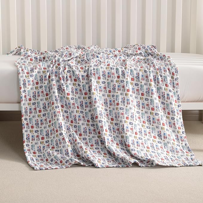 NTBAY 2 Layer Muslin Cotton Baby Swaddle Blanket, 30x40 Soft and Breathable Receiving for Newborns and Infants, Perfect for Crib, Stroller, Travel, Lightweight Nursery Blanket, Cartoon Train