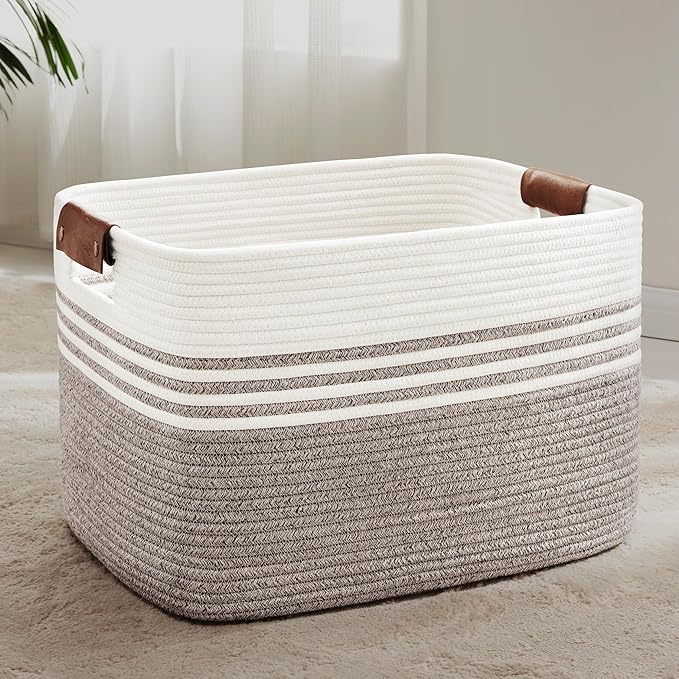 SunNewt 86L Extra Large Laundry Basket with Leather Handles for Living Room Storage, Woven Rope Baskets for Blanket, Kids Toy, Gifts, Wicker Hamper for Bedroom Dirty Clothes, 24"x16"x14" Dark Brown