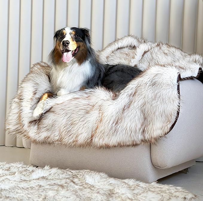 Waterproof Dog Blanket for Small, Medium & Large Dogs – Faux Fur Pet Throw for Couch, Sofa, Bed & Car – Soft, Washable, Stain-Resistant, Durable Cover – White w/Brown Tips – 80" x 60"