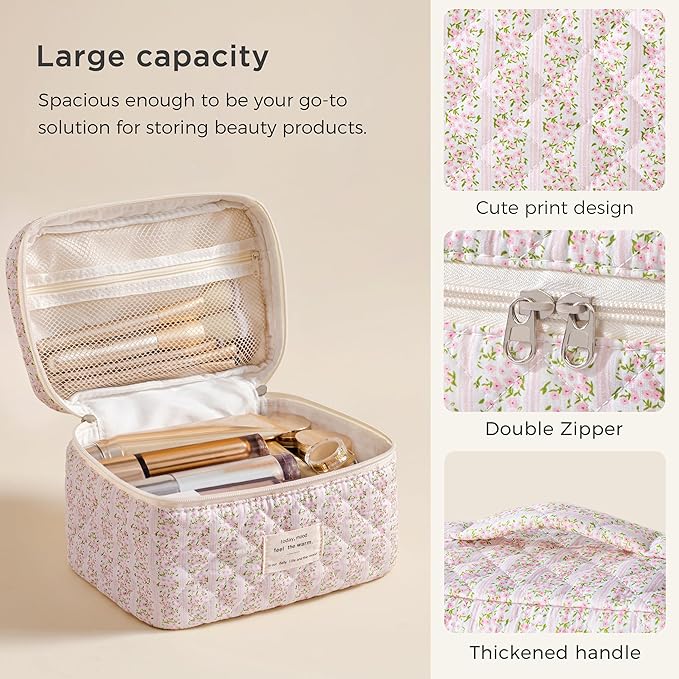 HBselect Christmas Gifts Large Quilted Makeup Bag, Cute Cotton Travel Makeup Bag with Handle, Portable Coquette Floral Make up Bags, Toiletry Organizer Make up Bags for Women Teen Girls Mom