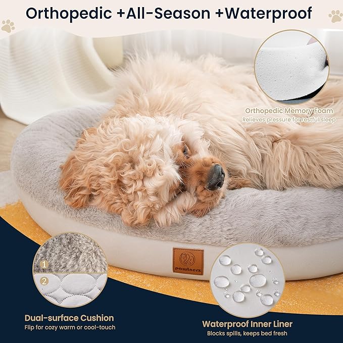 pawtnerz Round Donut Dog Bed – Luxury Orthopedic Dog Beds with Memory Foam – Calming Bolster Pet Bed, Water-Resistant, Washable Plush Cover, Premium Zipper – Small Dogs & Cats (21 Inches)