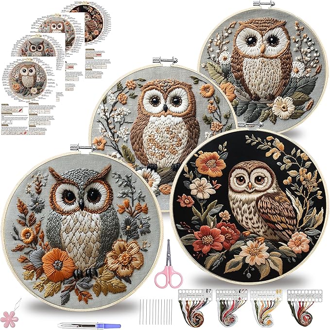 QBQBQ Owl Embroidery Kit - 8.2in, Owl Needlepoint Kits for Adults, Cross Stitch Kits for Beginners, Include Embroidery Cloth Bamboo Hoops and Step by Step Instructions, for Craft Lover Hand Stitch