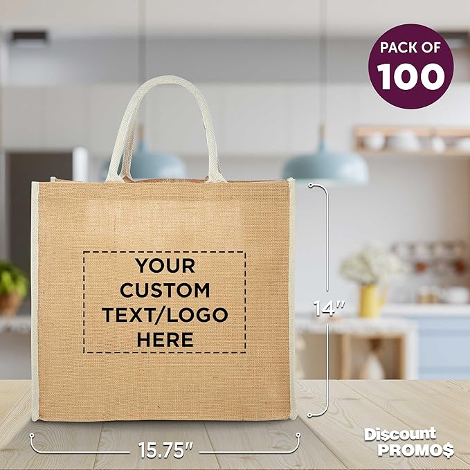 DISCOUNT PROMOS Custom Fresno Eco Friendly Jute Tote Bags Set of 100, Personalized Bulk Pack - Reusable, Great for Tradeshows, Grocery, Shopping and Outdoor Events - Light Beige