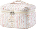 HBselect Christmas Gifts Large Quilted Makeup Bag, Cute Cotton Travel Makeup Bag with Handle, Portable Coquette Floral Make up Bags, Toiletry Organizer Make up Bags for Women Teen Girls Mom