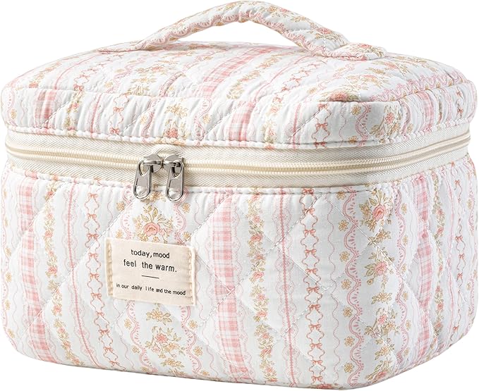HBselect Christmas Gifts Large Quilted Makeup Bag, Cute Cotton Travel Makeup Bag with Handle, Portable Coquette Floral Make up Bags, Toiletry Organizer Make up Bags for Women Teen Girls Mom