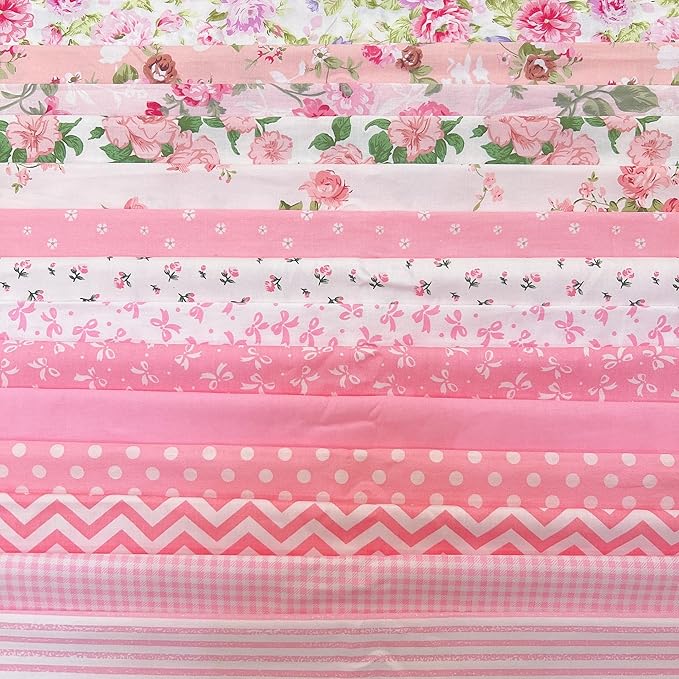 14Pcs 9.8" x 9.8"(25 * 25CM) Cotton Fabric DIY Making Supplies Quilting Patchwork Fabric Fat Quarter Bundles DIY for Quilting Cotton Patchwork Cushions (14pcs Pink, 9.8" x 9.8")