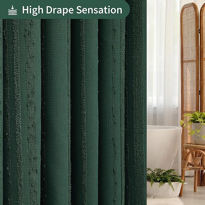 Lameirose Dark Green Shower Curtain Boho, Cotton Blend Waffle Shower Curtain Textured, Fabric Shower Curtains for Bathroom, Hotel, 72 x 72