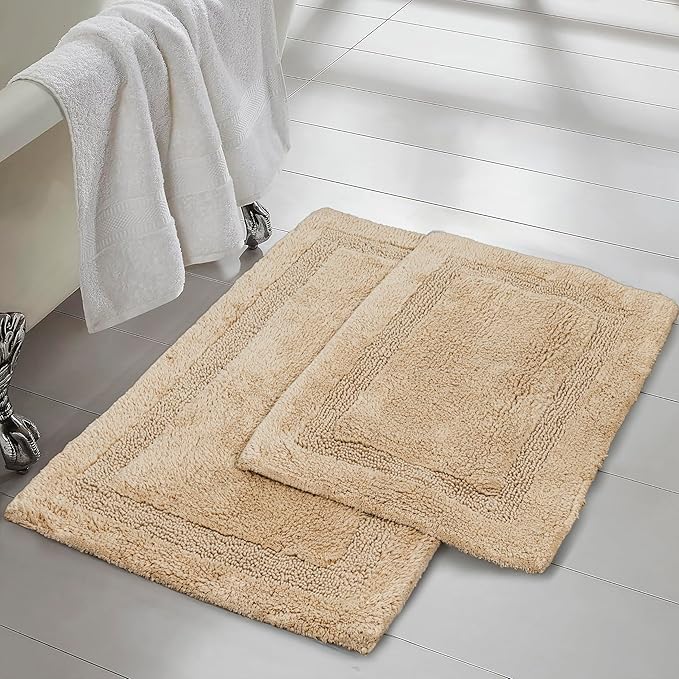 C23 Luxury 2200 GSM Heavyweight Bath Mat (Pack of 2) | 100% Tufted Cotton 20"x32" & 16"x24" Beige Thick & Plush Bathroom Rugs Ultra-Absorbent, Quick Dry, Anti-Slip Natural Latex Back, Machine Washable
