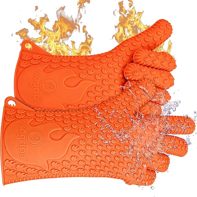Jolly Green Products Ekogrips Heat-Resistant BBQ Gloves – Premium Silicone Cooking & Grill Gloves for Oven, Fireplace & Campfire Use, Non-Slip, Waterproof, XXL, Orange