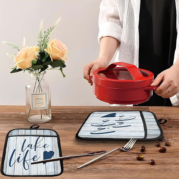 Lake Life Gifts Pot Holders with Pockets, Lake Life House Gifts for Women Oven Pot Holders Heat Resistant Oven Mitts Hot Pads for Kitchen Baking Cooking (Blue)