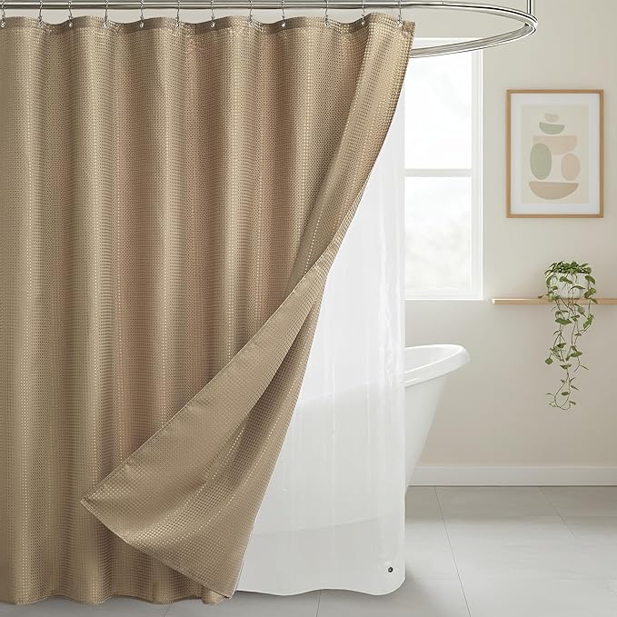 Lameirose Shower Curtain and Liner Set, 3 in 1 Waffle Shower Curtain Set with 12 Double Sided Shower Curtain Hooks, Fabric Shower Curtains for Bathroom, Beige, 72 x 72