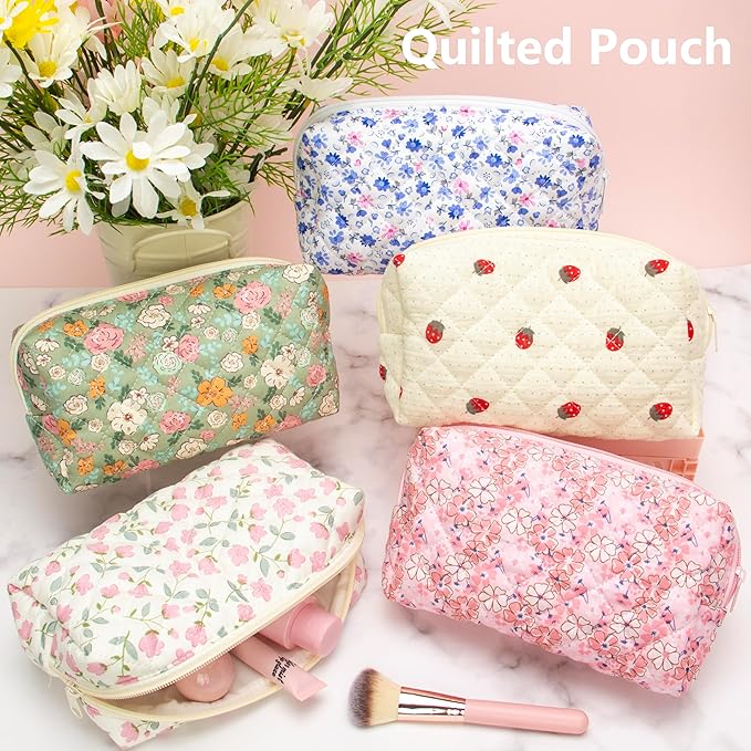 PAZIMIIK 2PCS SET Vintage Quilted Makeup Bag Cosmetic Pouch for Brushes Pencils and Travel Make Up Accessories for Women and Girls Flower White
