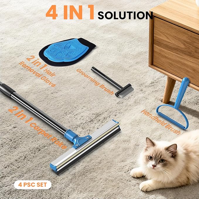 4 in 1 Carpet Rake for Pet Hair Removal - Dog Cat Fur Remover Scraper Broom, 48" Adjustable Carpet Rake, Hair Removal Glove, Handheld Brush, Grooming Brush, Cleaner Tools for Rugs, Mats, Sofa, Bed