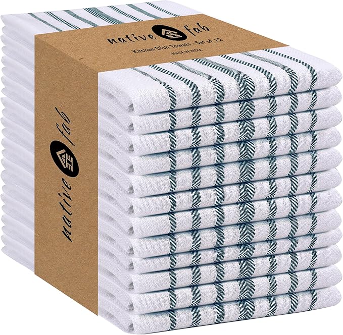 Native Fab Kitchen Tea Towels 16x26 inches - 12 Pack Herringbone Weave - 100% Cotton Scandia Striped Dish Towels, Wash Cloths, Absorbent Hand Towels with Hanger - Teal Green White