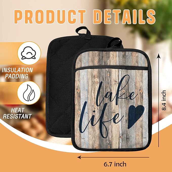 Lake Life Gifts Pot Holders with Pockets, Lake Life House Gifts for Cabin Owners Women Oven Pot Holders Heat Resistant Oven Mitts Hot Pads for Kitchen Baking Cooking