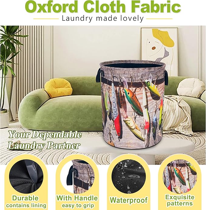 Fishing Laundry Basket Funny Fish Foldable Waterproof Oxford Cloth Tote Bag Laundry Hamper Round Large Clothes Storage Bucket Toy Organizer For Bathroom/Laundry Storage/Bedroom 18.9x16.5 Inch