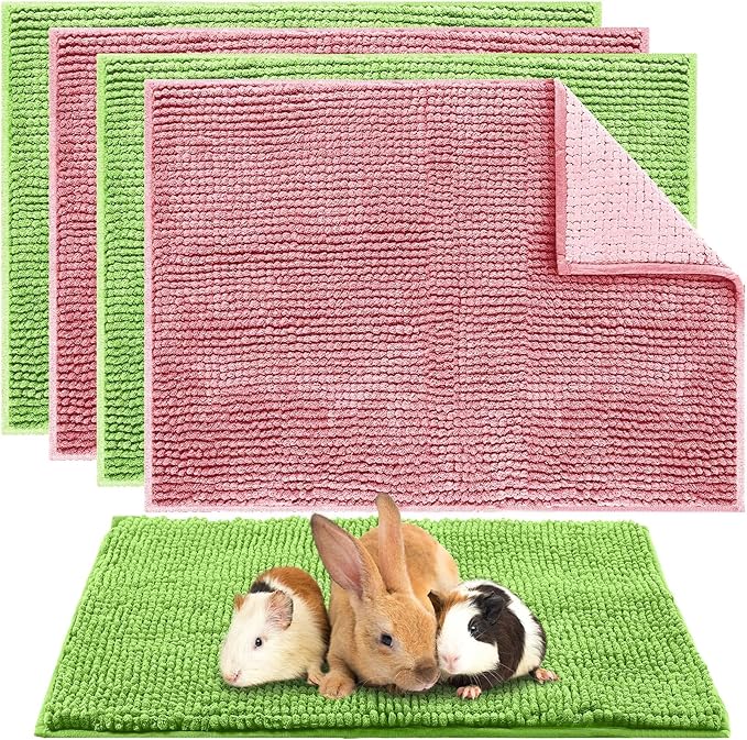 Amylove 4 Pcs Guinea Pig Cage Liner Guinea Pig Bedding Dog Door Mat for Muddy Pet Paws Washable Chenille Pee Pads Small Animal Sleeping Bed for Bunny Hamster(16 x 24 Inch,Rectangular,Green Pink)