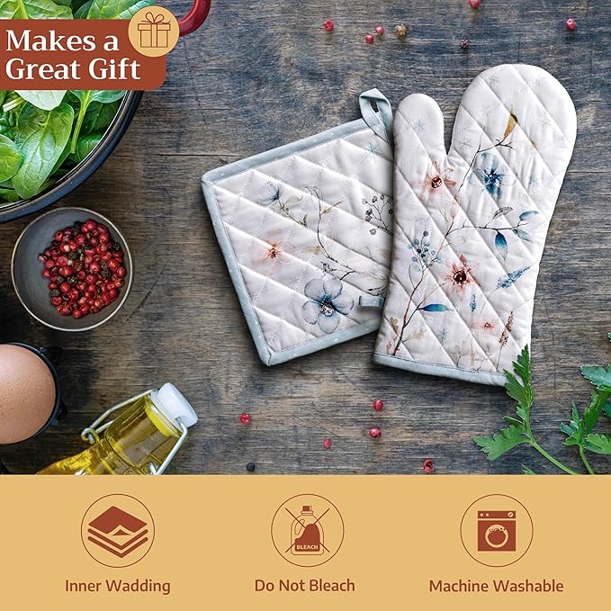 Maison d' Hermine Pot Holders Set 100% Cotton Heat Resistant Potholders 8" x 8" Hot Pads with Loop for Thanksgiving Christmas Decorations BBQ Cooking Baking Handling Hot Pans (Pack of 2, Ice Florals)