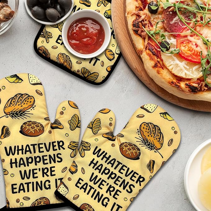 Funny Oven Mitts and Pot Holders Set of 3, Whatever Happens We're Eating It, Heat Resistant Non-Slip Kitchen Mitts Hot Pads, Humorous Baking Gifts, Birthday Gifts for Men Dad Husband Baker