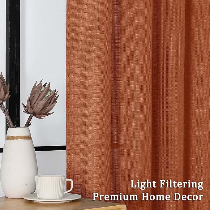 Lecloud Bessie Orange Short Curtains 24 Inch Length 2 Pcs, Faux Linen Kitchen Small Curtains with Rod Pocket, Light Filtering Curtain Tiers Window Treatments for Bedroom Bathroom, Each 30 W x 24 L