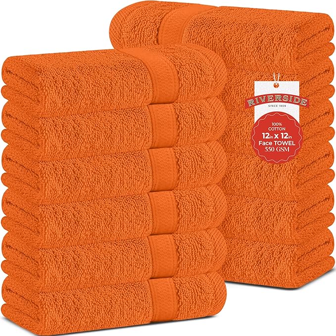 RIVERSIDE 12 Pack Premium 100% Cotton Face Wash Cloths, 12 x 12 Inches, Soft & Absorbent Face Towels for Bathroom Wash Clothes, 550 GSM, Luxury WashCloths for Showering, Body, Spa & Gym, Orange
