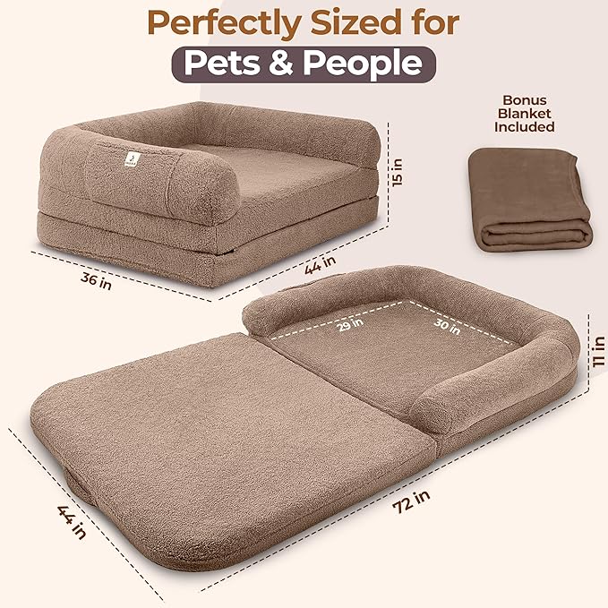 2 in 1 Human Dog Bed for Adult Foldable – Waterproof, Orthopedic Foam, Machine Washable Sherpa Cover, Non-Slip Base - Human Size Dog Bed (Almond Brown, 72x44x11)