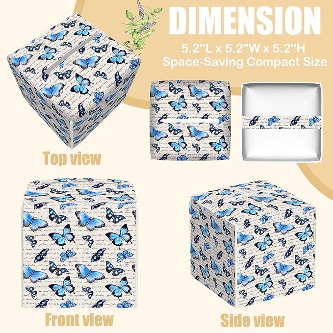BLYKVGHQ Vintage Blue Butterfly Tissue Box Cover Square, Tissue Box Holder with Bottom Belt Leather Facial Paper Organizer Dispenser for Bathroom Bedroom Dresser Night Stand Tabletop