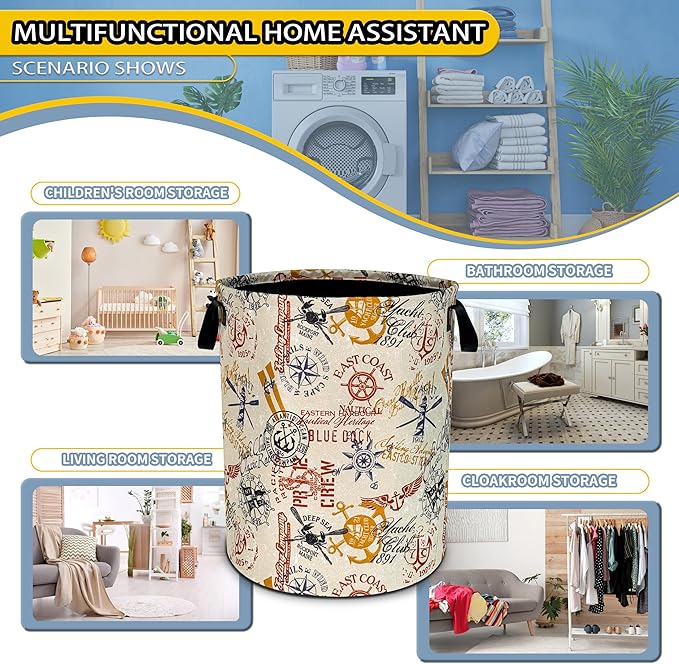 NUTAINLA Anchor Laundry Basket Compass Seafaring Foldable Oxford Cloth Funny Tote Bag Laundry Hamper Clothes Storage Bucket Toy Organizer For Bathroom/Laundry Storage/Bedroom 18.9x16.5 Inch