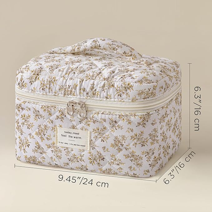 HBselect Christmas Gifts Large Quilted Makeup Bag, Cute Cotton Travel Makeup Bag with Handle, Portable Coquette Floral Make up Bags, Toiletry Organizer Make up Bags for Women Teen Girls Mom