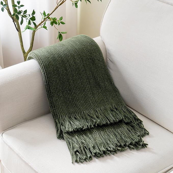 BATTILO HOME Olive Green Throw Blanket for Couch, Soft Chenille Knit Throws with Tassels for Home Decor, Green Blankets and Throws for Bed Couch Cover, 60"x80"